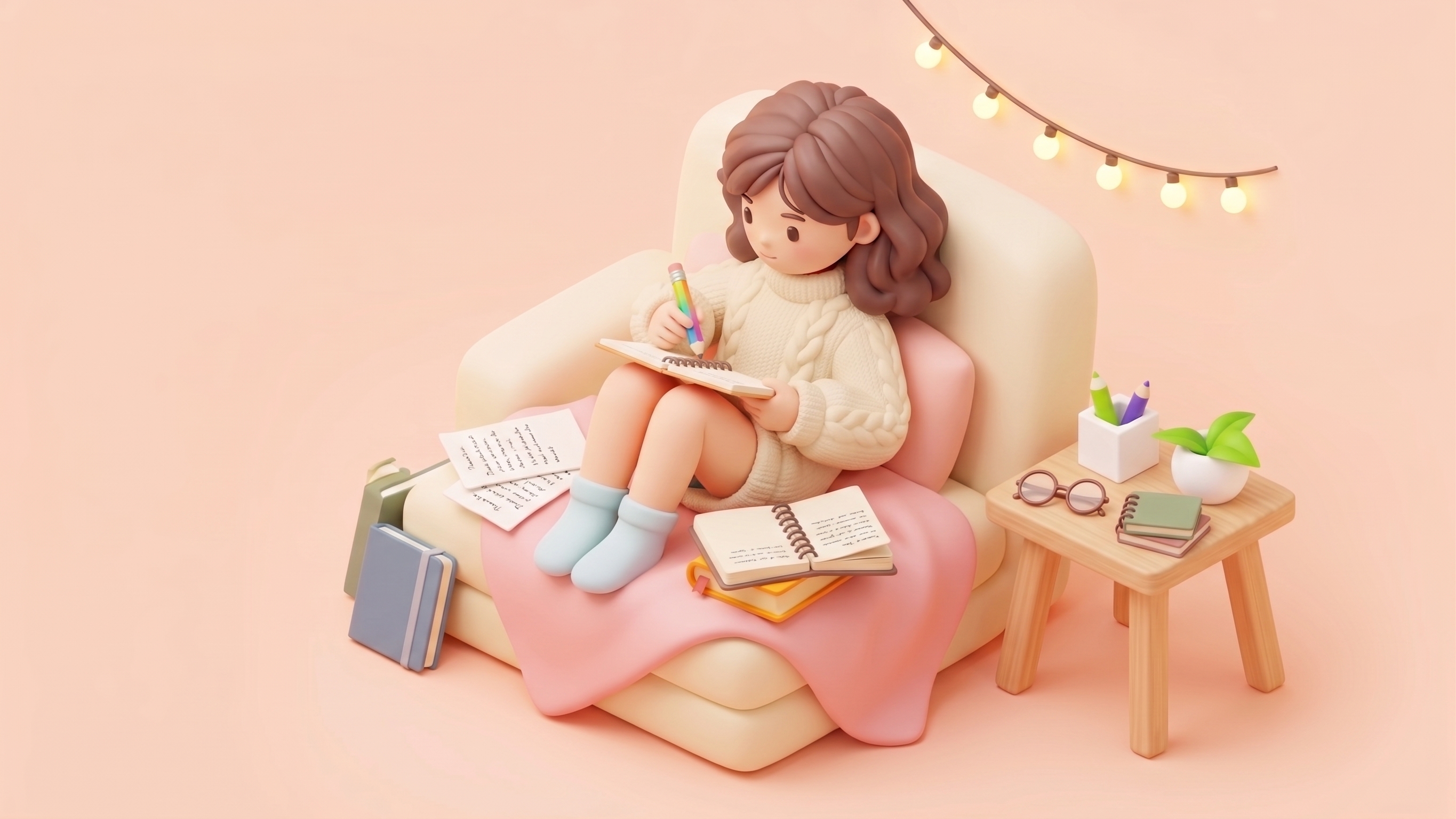 Author writing manuscript in cozy armchair