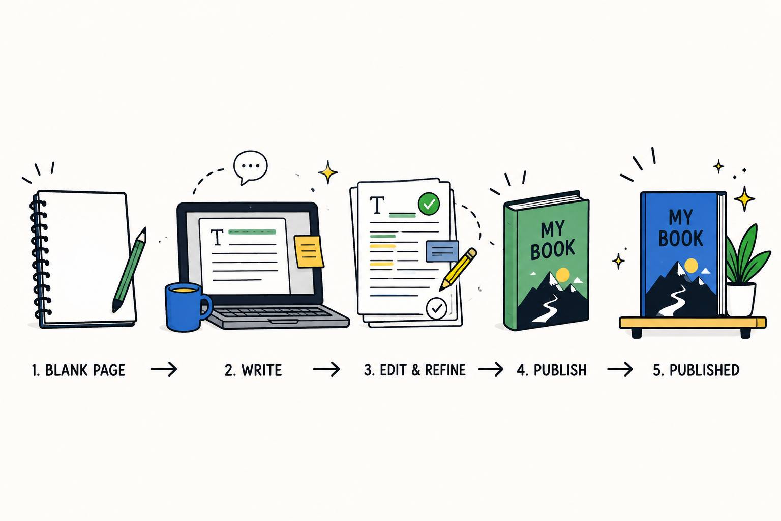 5-step book publishing process: Blank Page to Write, Edit, Publish, and Published